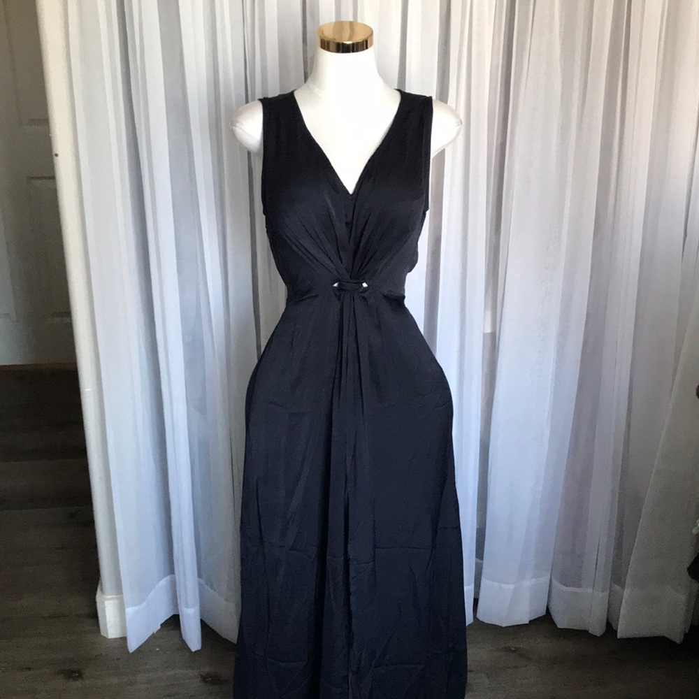 Plunge Neckline Front Knot Sleeveless Long Satin Dress